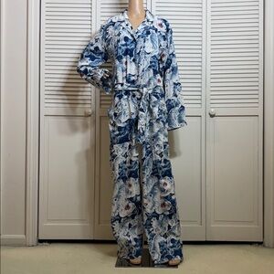Overlover Magnolia Linen Tiger Print Blue and White Patterned Jumpsuit Large